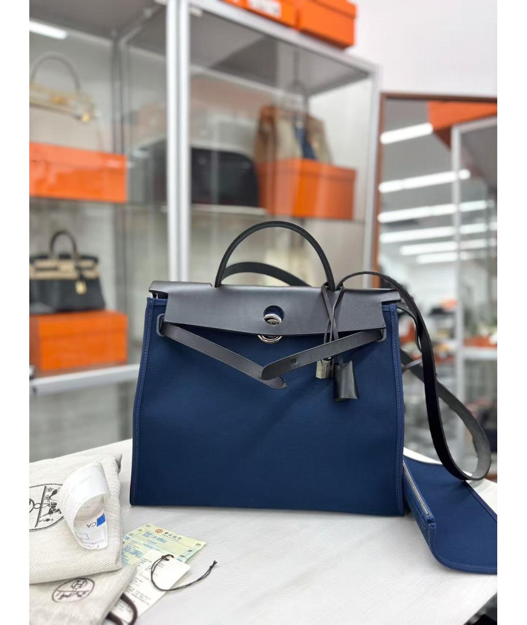 HERMES Темно-синяя тканевая сумка через плечо, фото 5