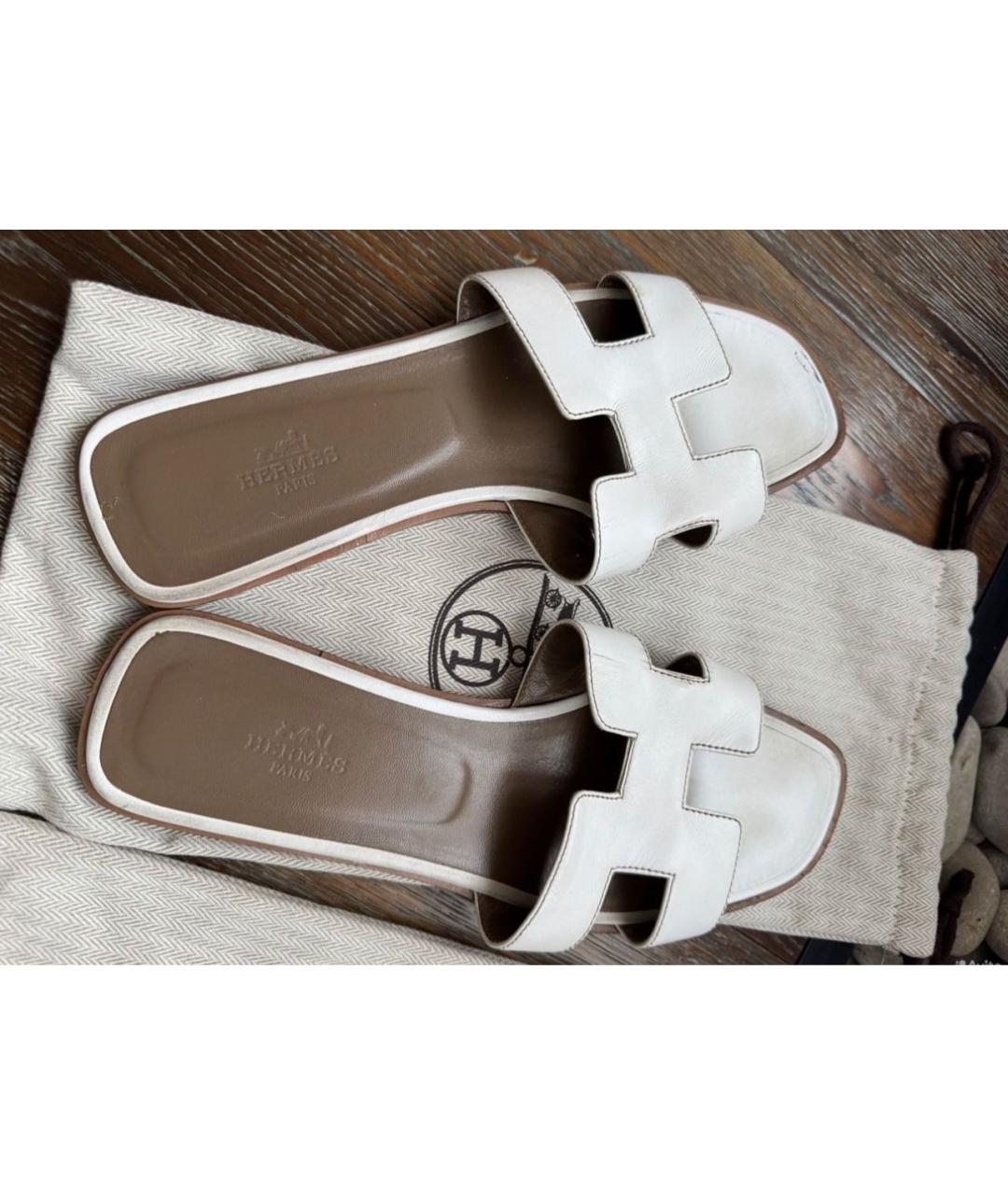 HERMES Белые кожаные шлепанцы, фото 5