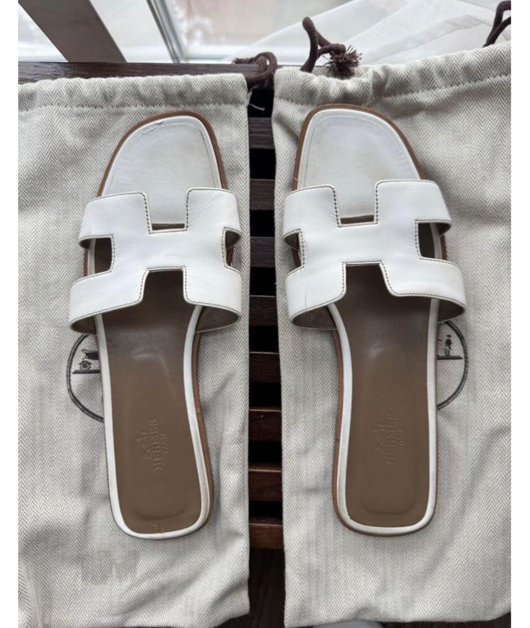 HERMES Белые кожаные шлепанцы, фото 2