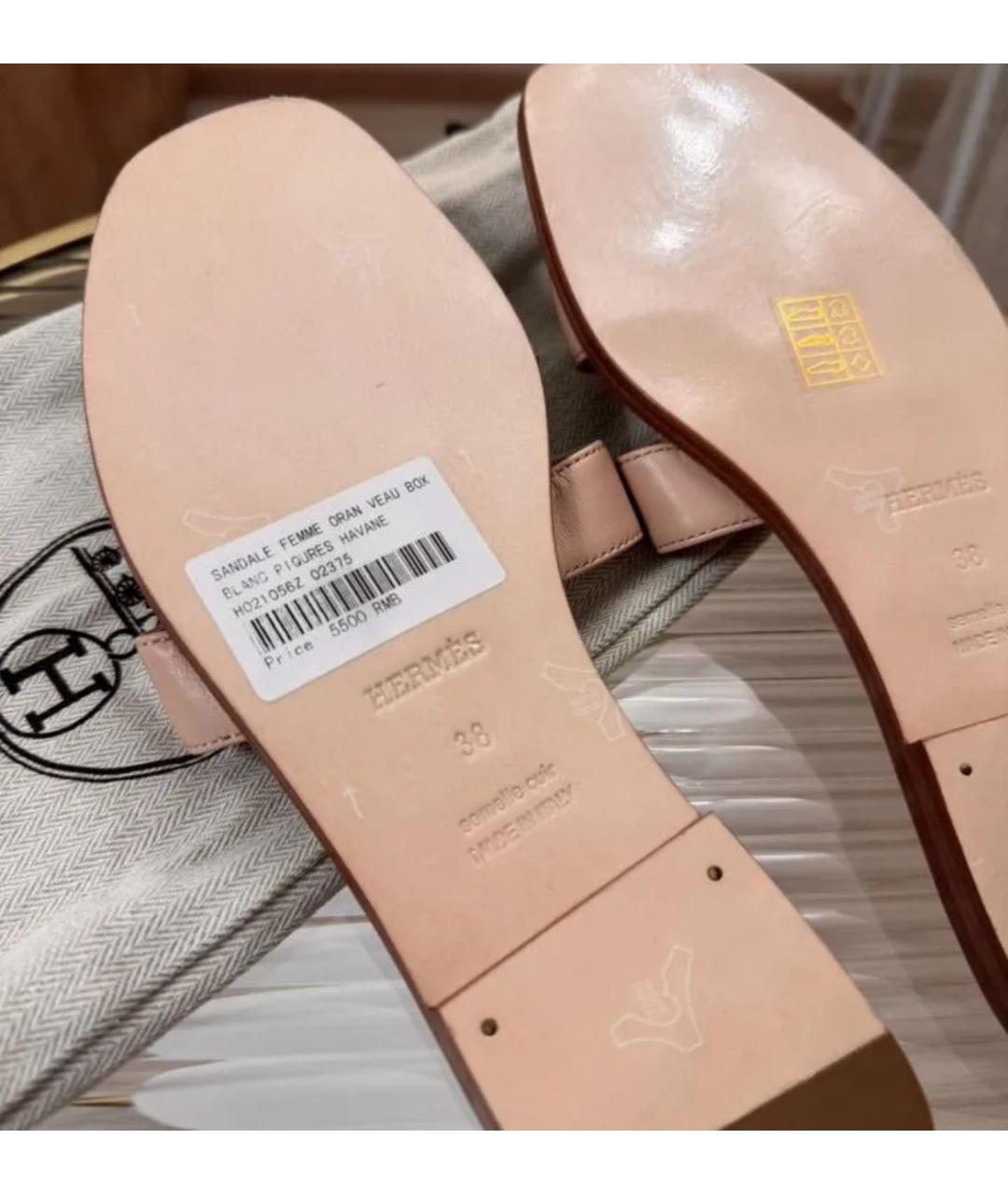 HERMES Бежевые кожаные шлепанцы, фото 7