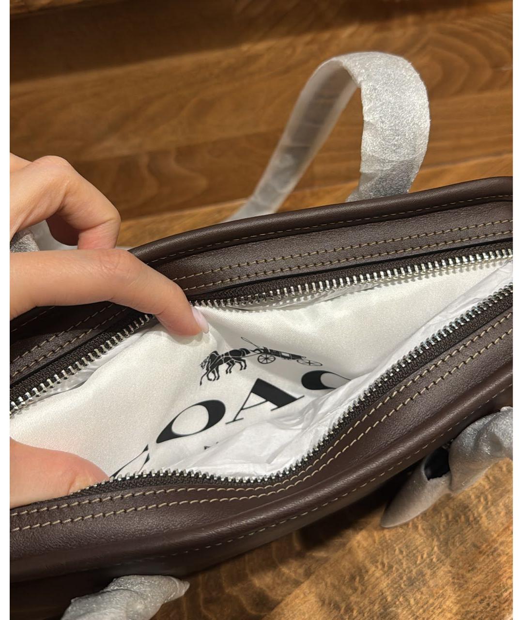 COACH Коричневая кожаная сумка с короткими ручками, фото 3