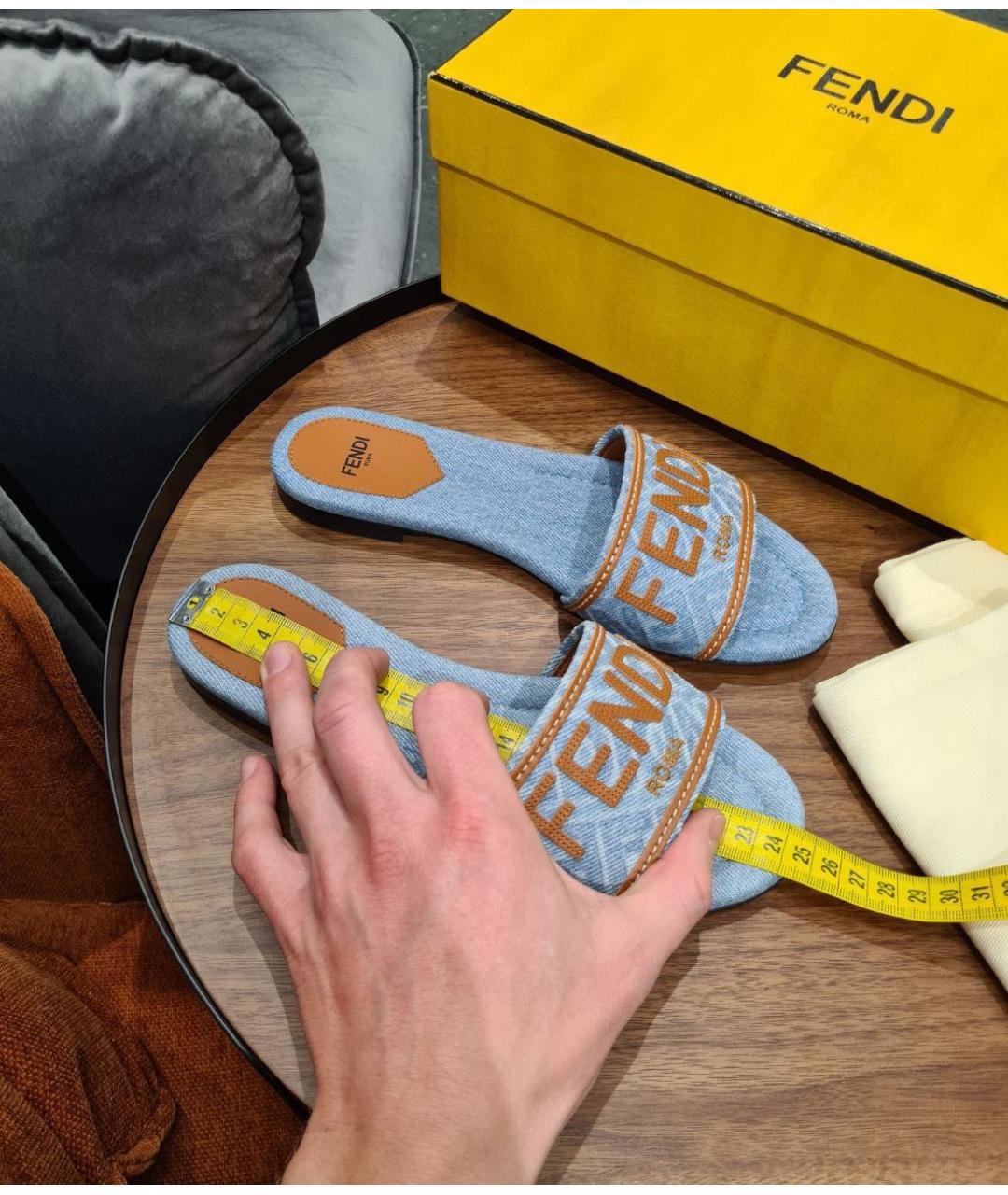 FENDI Синие текстильные шлепанцы, фото 5