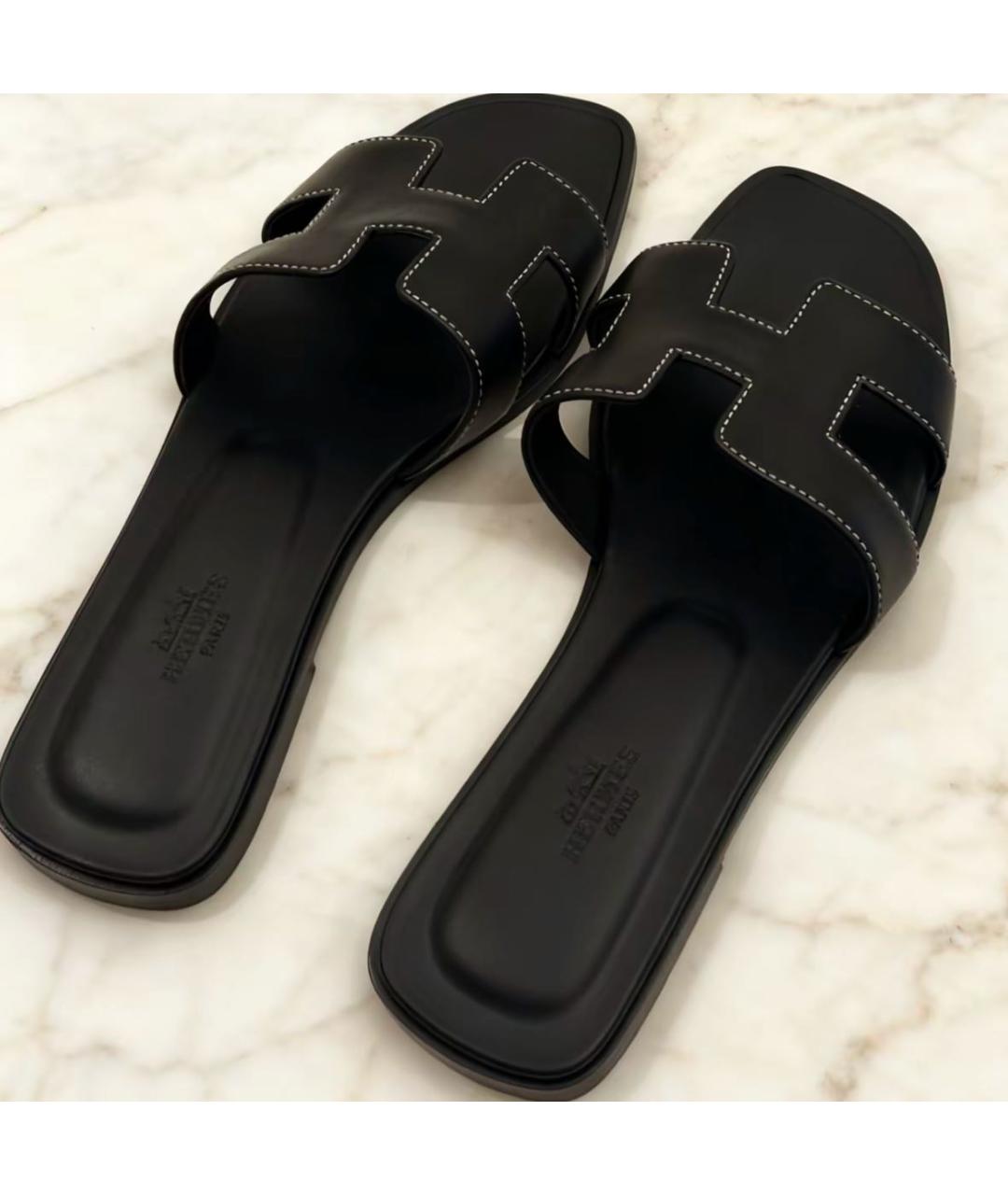 HERMES Черные кожаные шлепанцы, фото 2