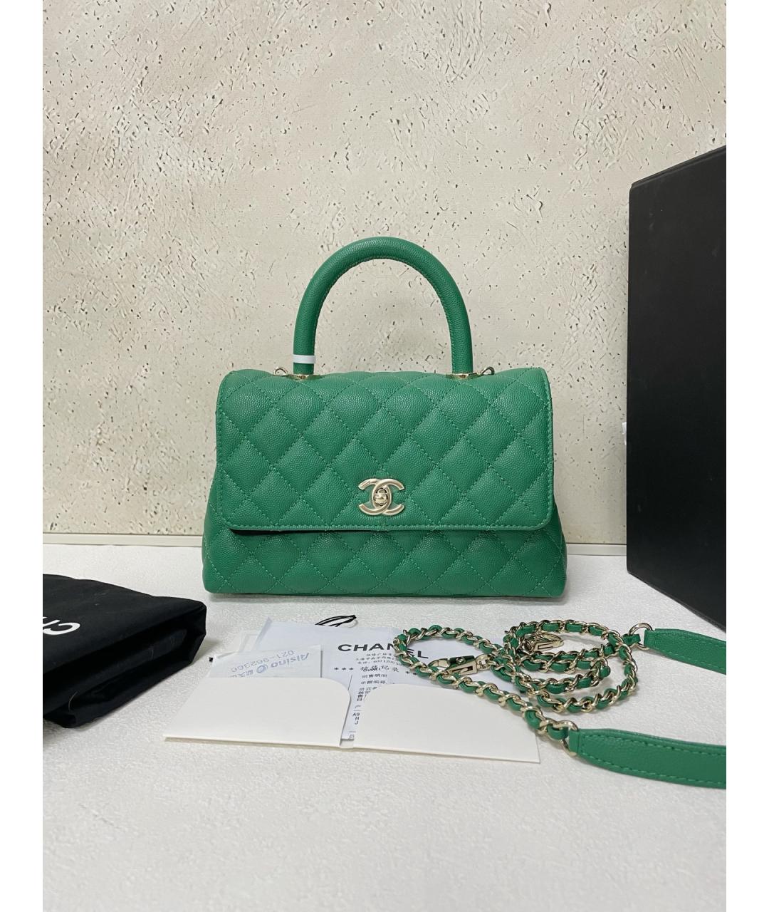 CHANEL Зеленая кожаная сумка с короткими ручками, фото 7