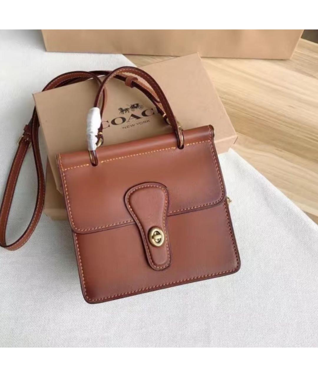 COACH Коричневая кожаная сумка с короткими ручками, фото 6