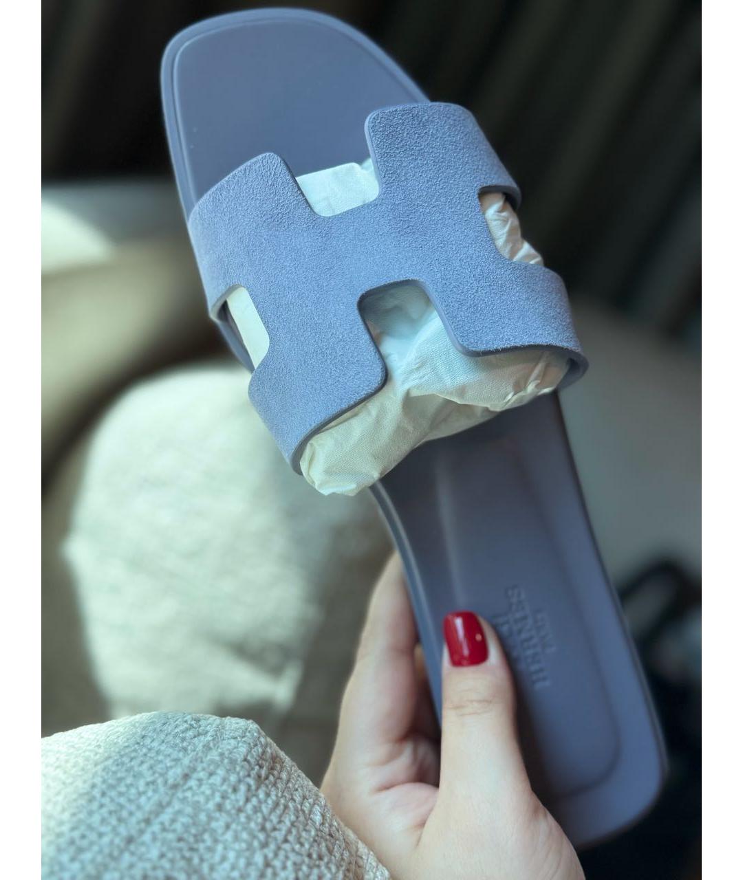 HERMES Фиолетовые замшевые шлепанцы, фото 4