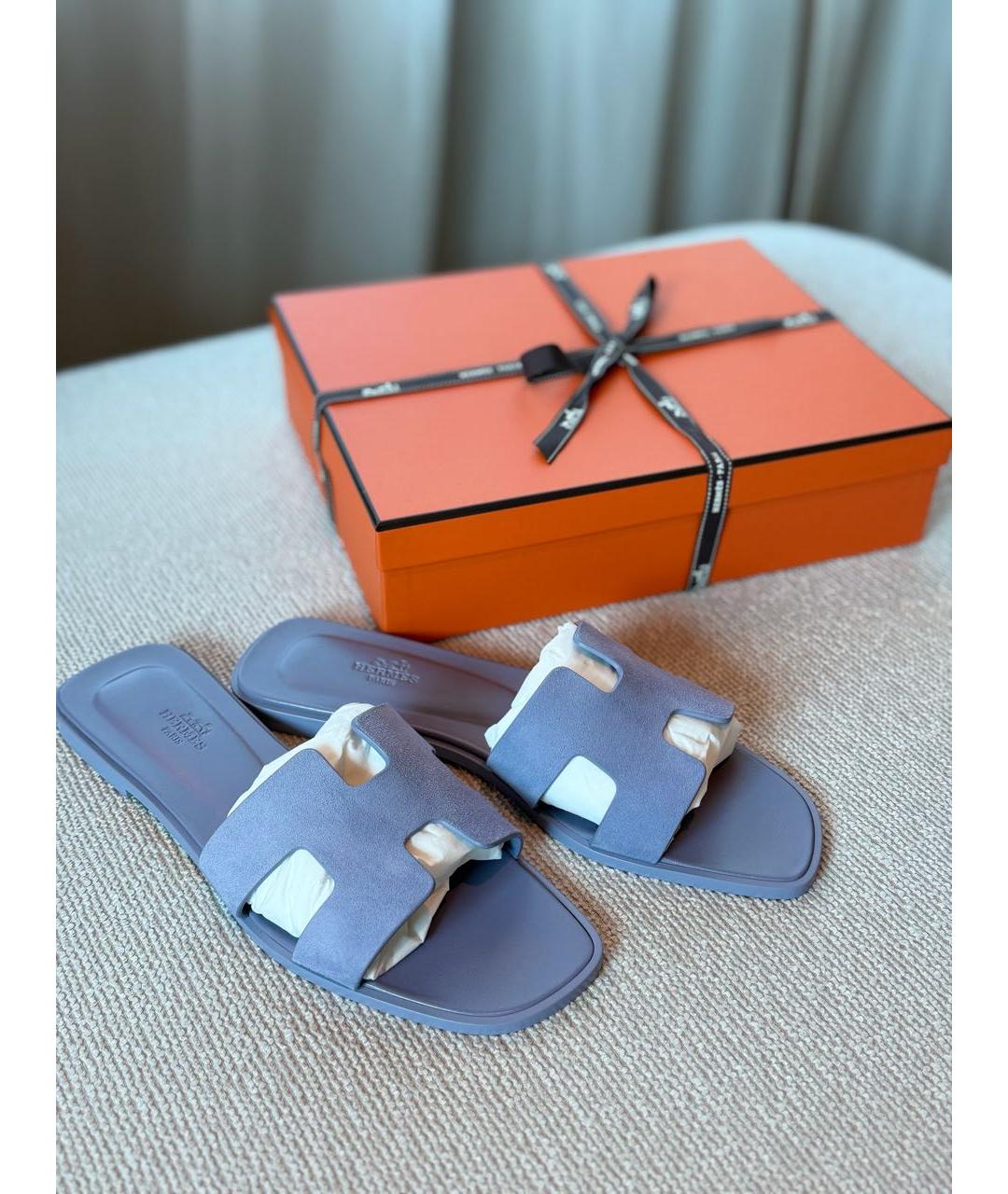 HERMES Фиолетовые замшевые шлепанцы, фото 5