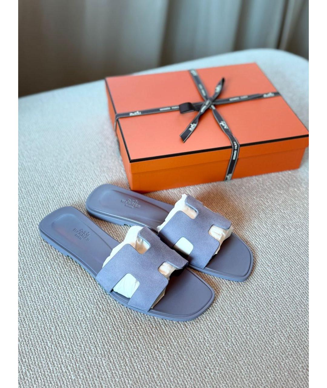 HERMES Фиолетовые замшевые шлепанцы, фото 2