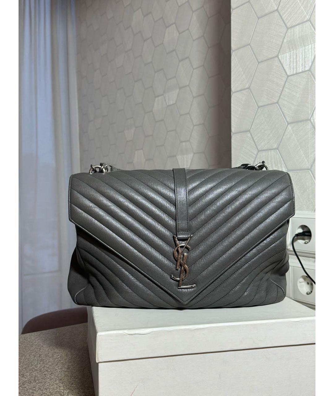 SAINT LAURENT Серая кожаная сумка с короткими ручками, фото 6