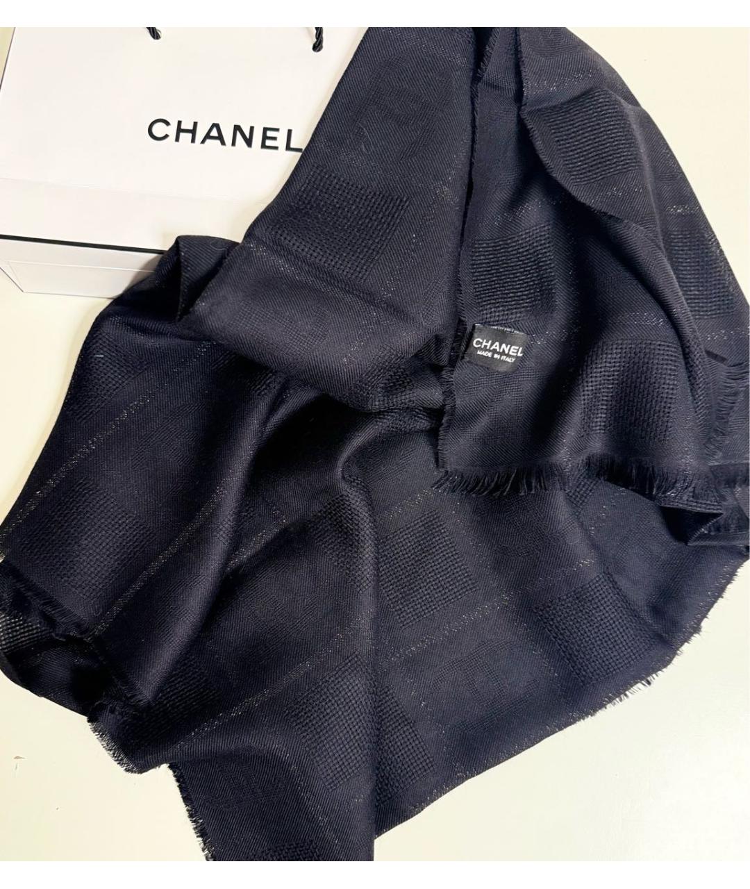 CHANEL Черный шерстяной шарф, фото 3