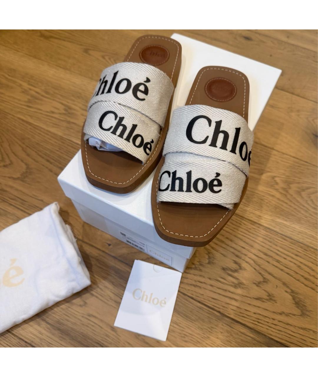 CHLOE Бежевые текстильные шлепанцы, фото 2