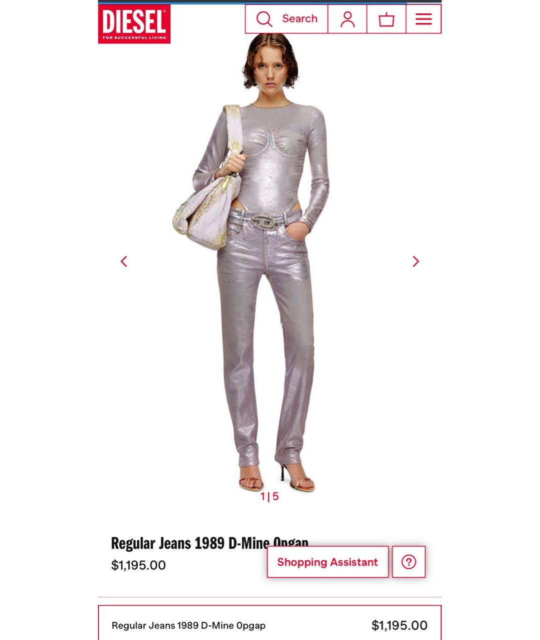 DIESEL Серебряные хлопко-эластановые прямые джинсы, фото 3