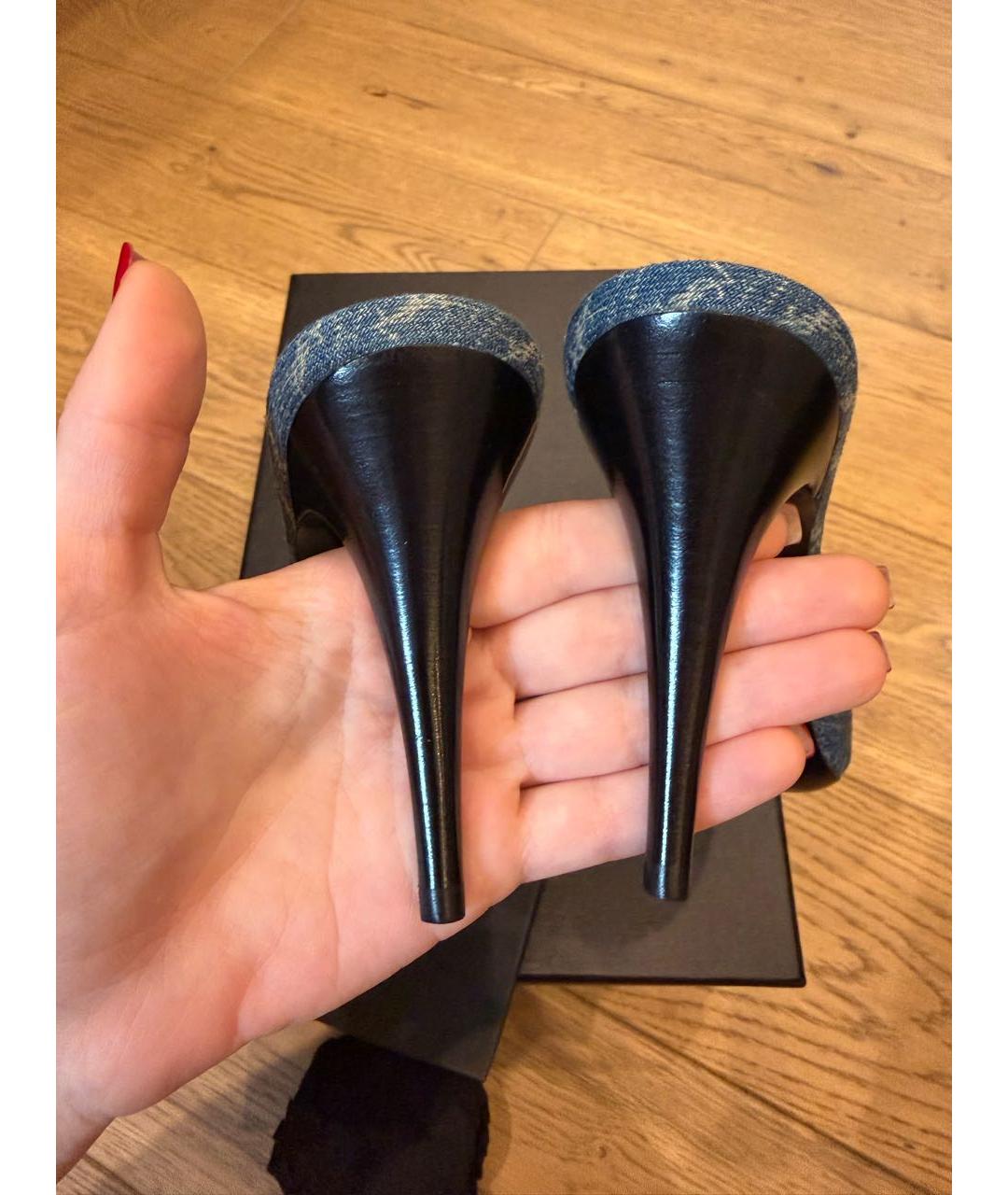 SAINT LAURENT Темно-синие текстильные босоножки, фото 6