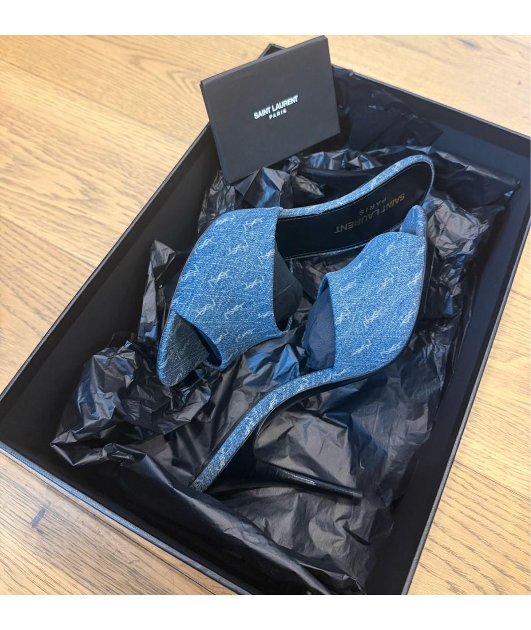 SAINT LAURENT Темно-синие текстильные босоножки, фото 2