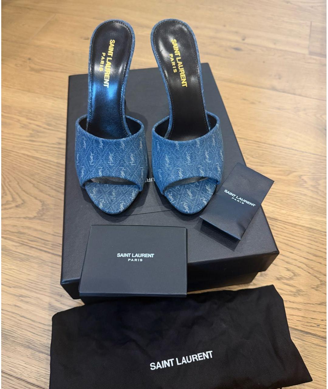 SAINT LAURENT Темно-синие текстильные босоножки, фото 3
