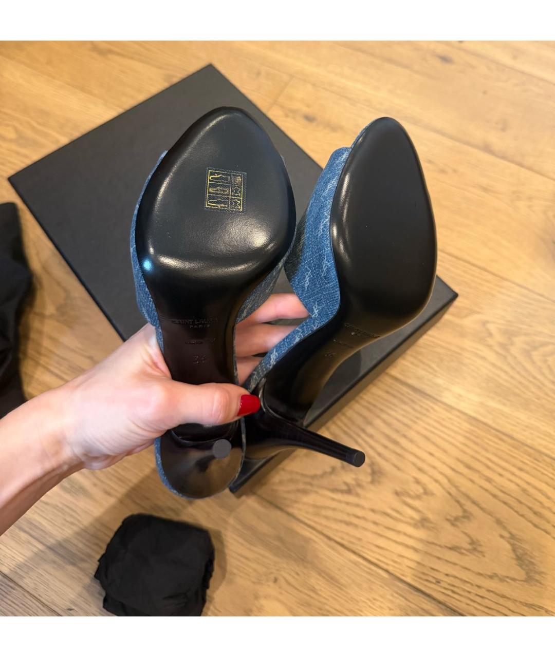 SAINT LAURENT Темно-синие текстильные босоножки, фото 5