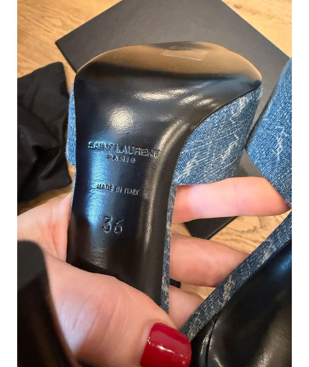 SAINT LAURENT Темно-синие текстильные босоножки, фото 8