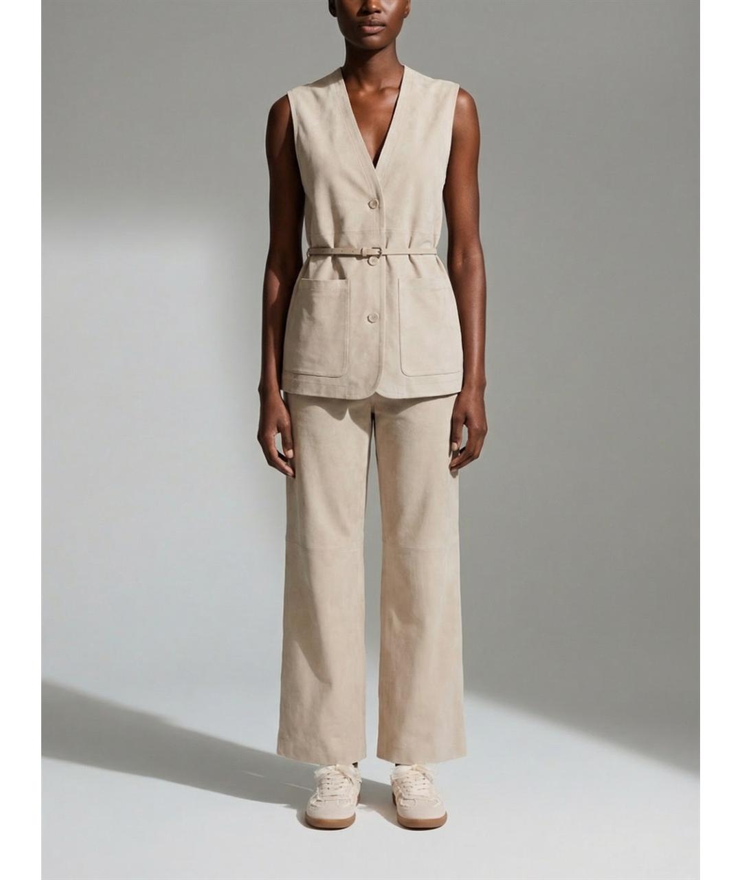 MANZONI 24 Бежевые замшевые прямые брюки, фото 4