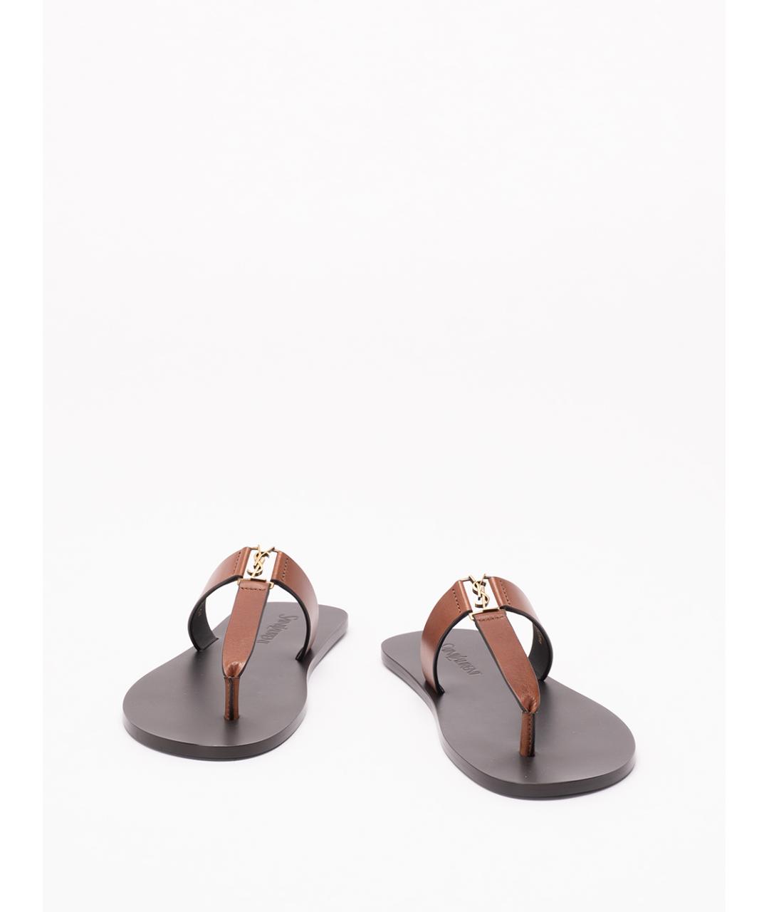 SAINT LAURENT Коричневые кожаные шлепанцы, фото 2