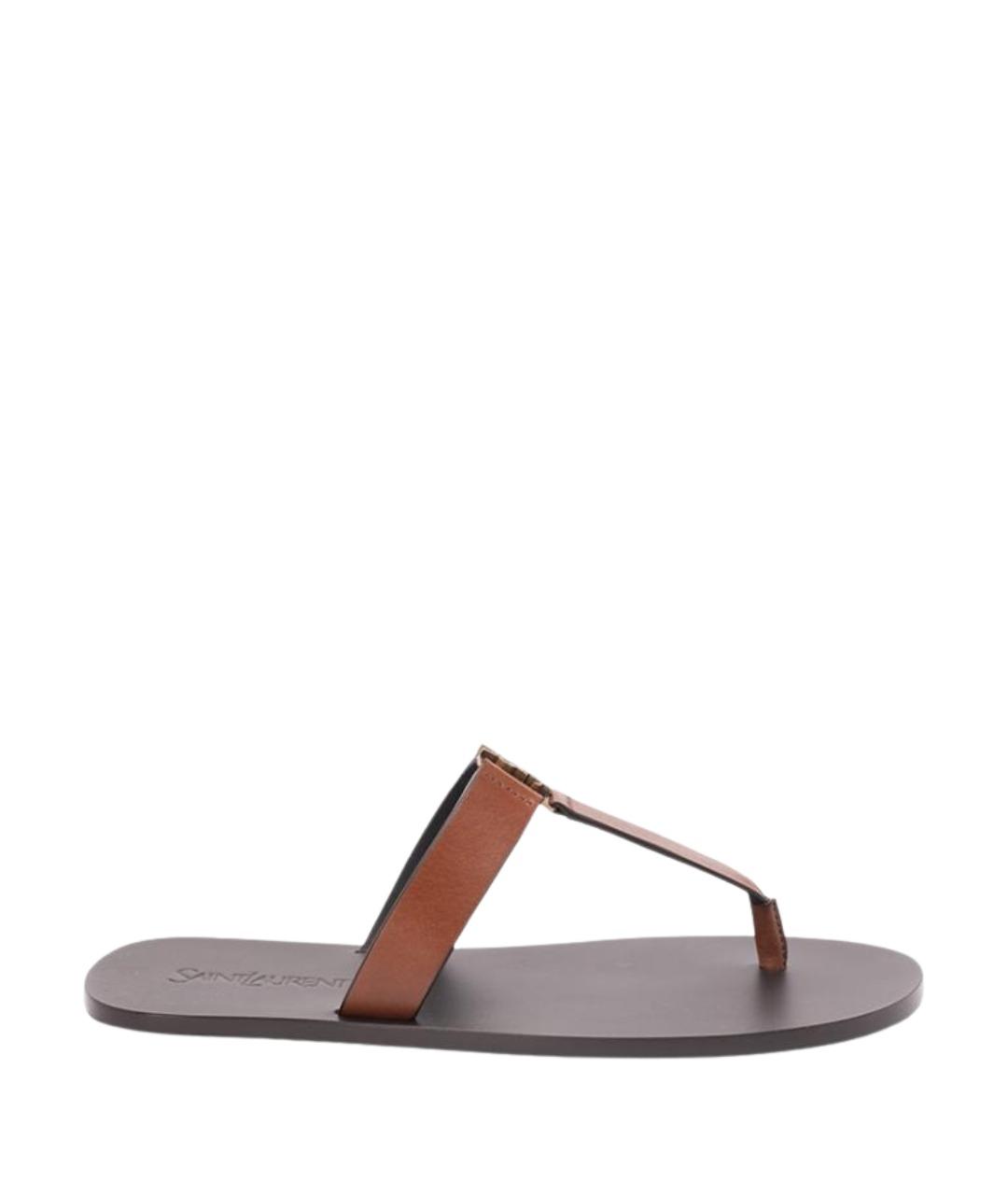 SAINT LAURENT Коричневые кожаные шлепанцы, фото 1