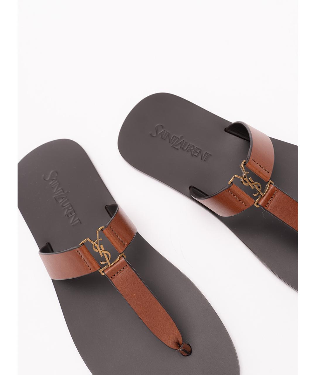 SAINT LAURENT Коричневые кожаные шлепанцы, фото 5
