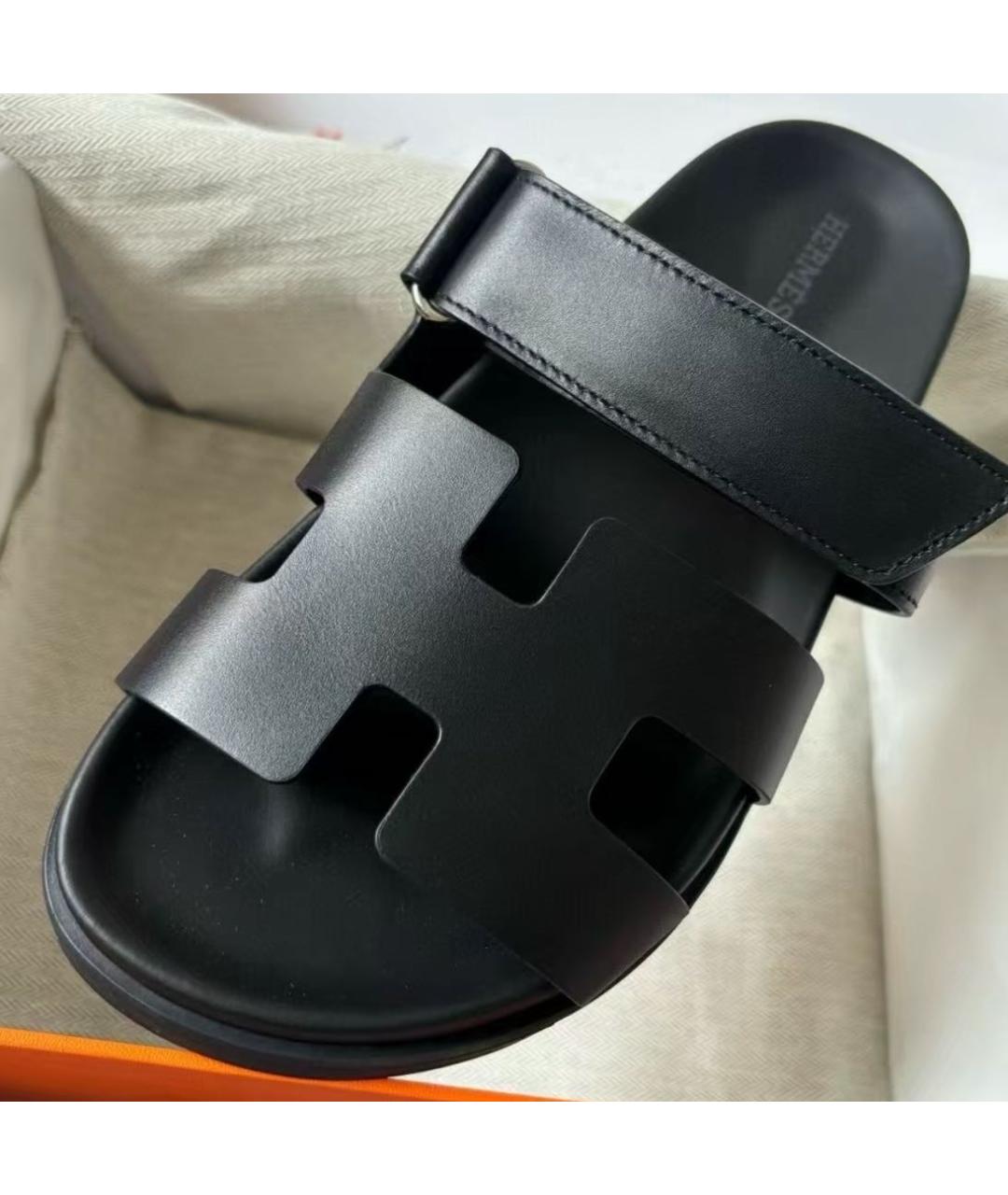 HERMES Черные кожаные шлепанцы, фото 3