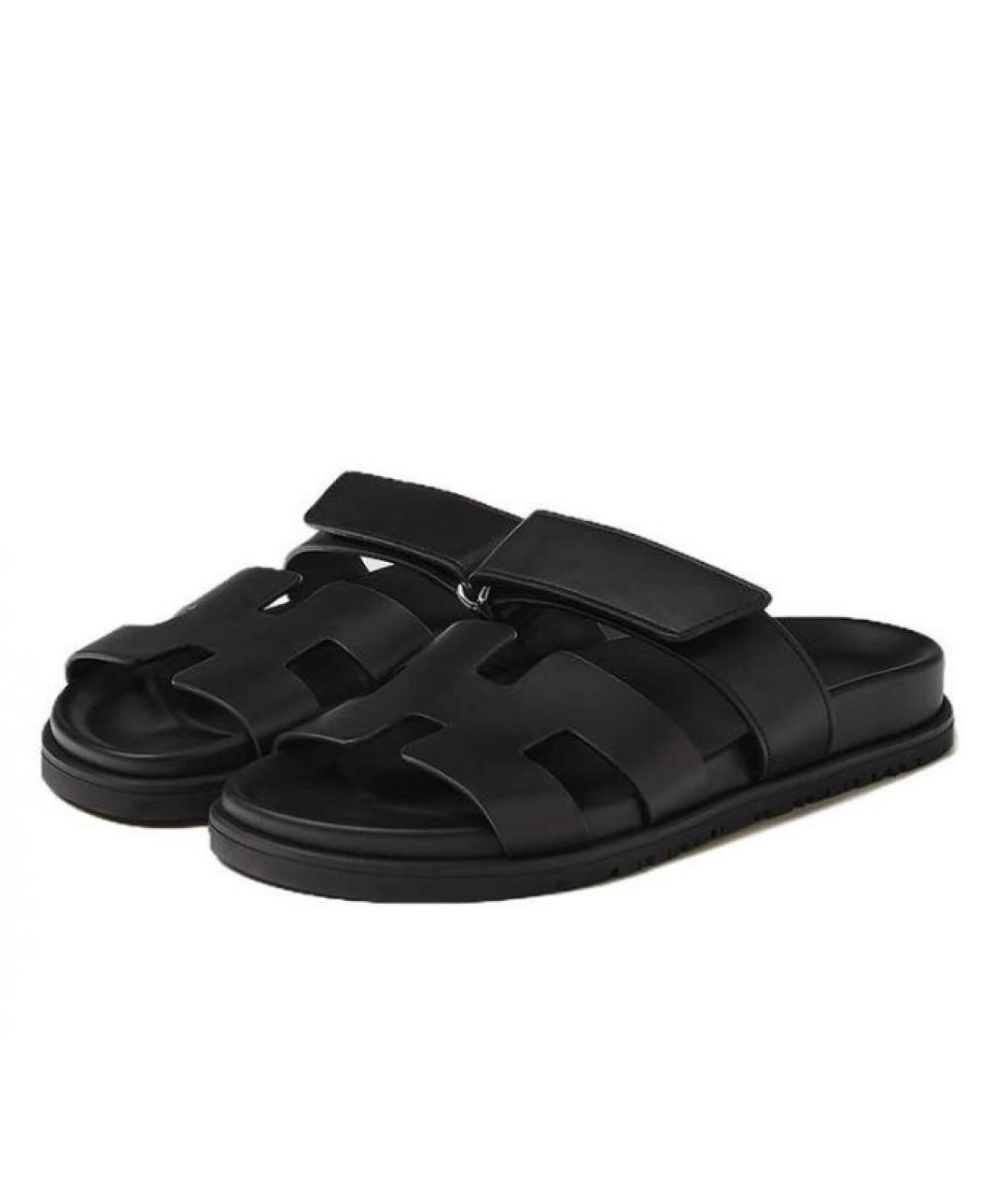 HERMES Черные кожаные шлепанцы, фото 2