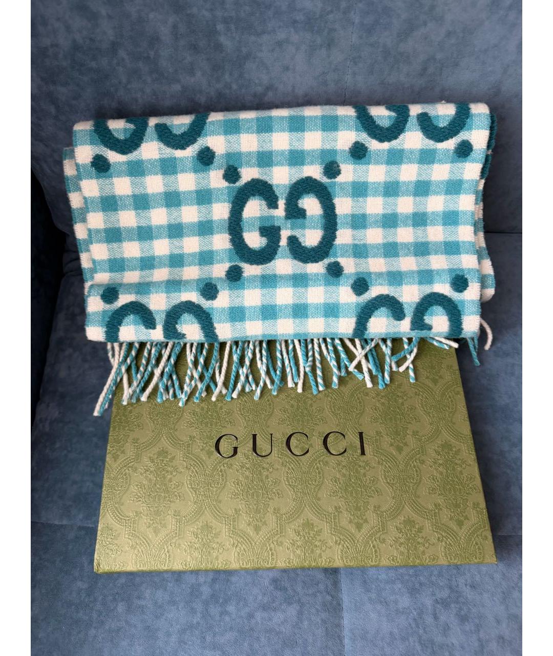 GUCCI Голубой шерстяной шарф, фото 6