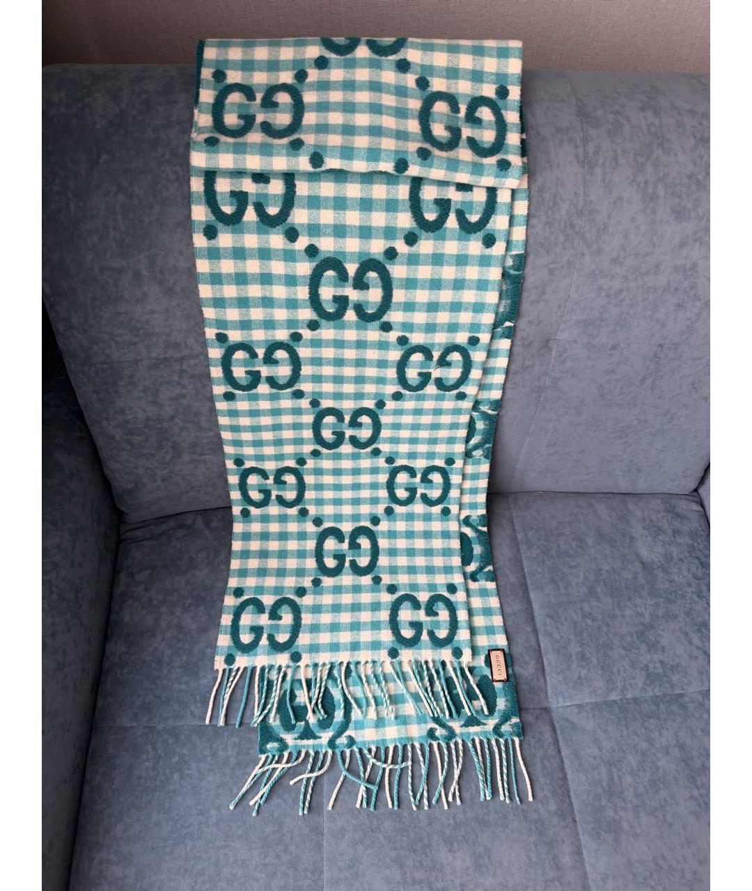 GUCCI Голубой шерстяной шарф, фото 5