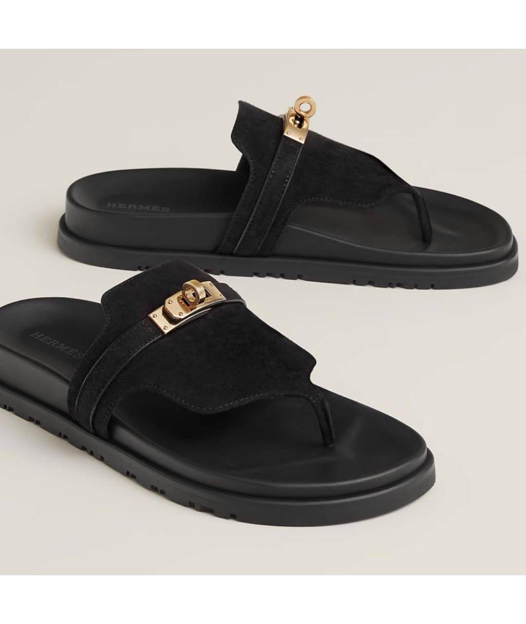 HERMES Черные замшевые шлепанцы, фото 2