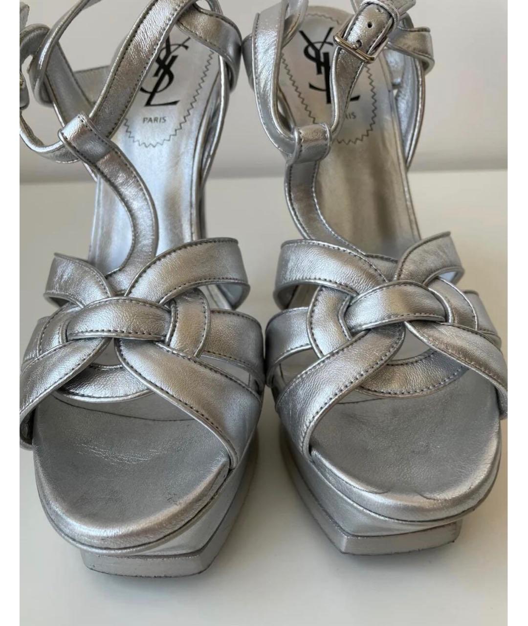 SAINT LAURENT Серебряные кожаные босоножки, фото 4