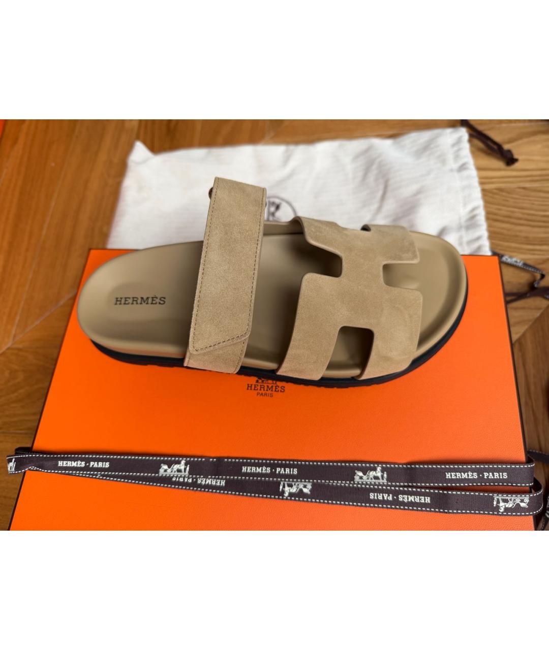 HERMES Бежевые замшевые шлепанцы, фото 6