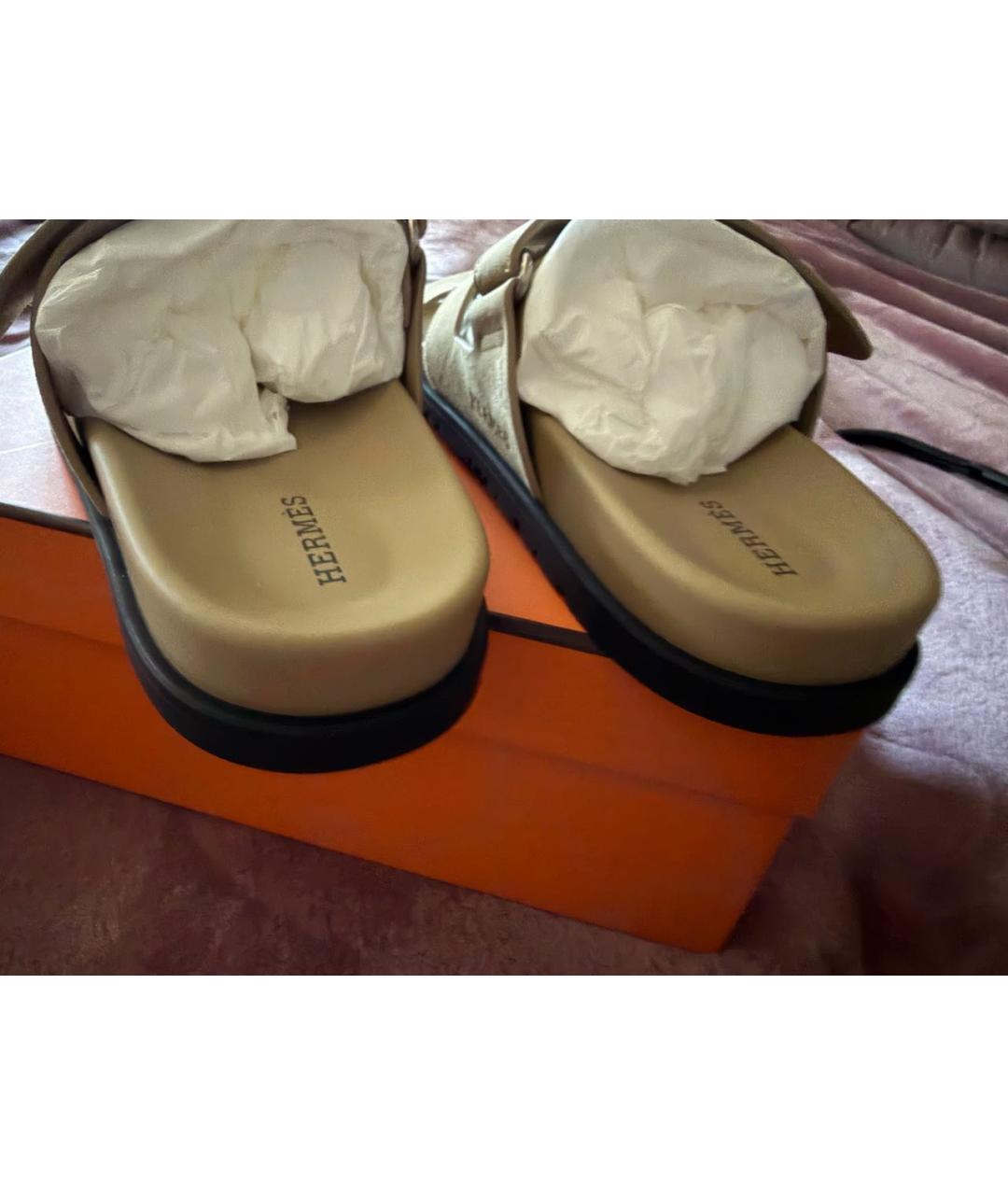 HERMES Бежевые замшевые шлепанцы, фото 7