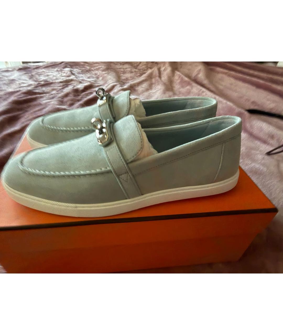 HERMES Голубые замшевые мокасины, фото 7