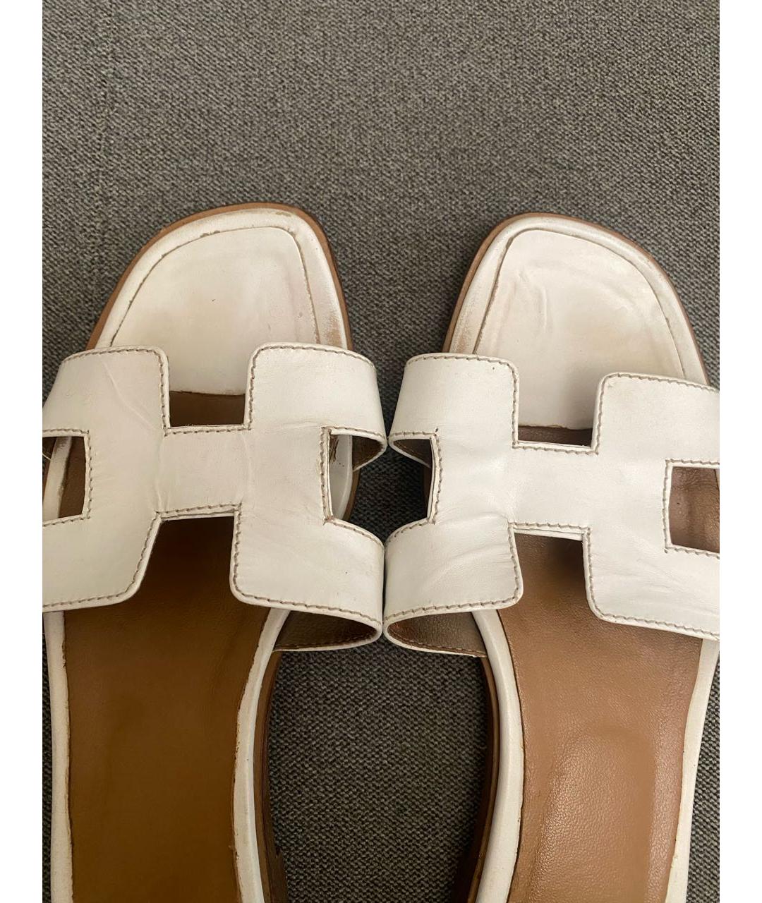 HERMES Белые кожаные шлепанцы, фото 5