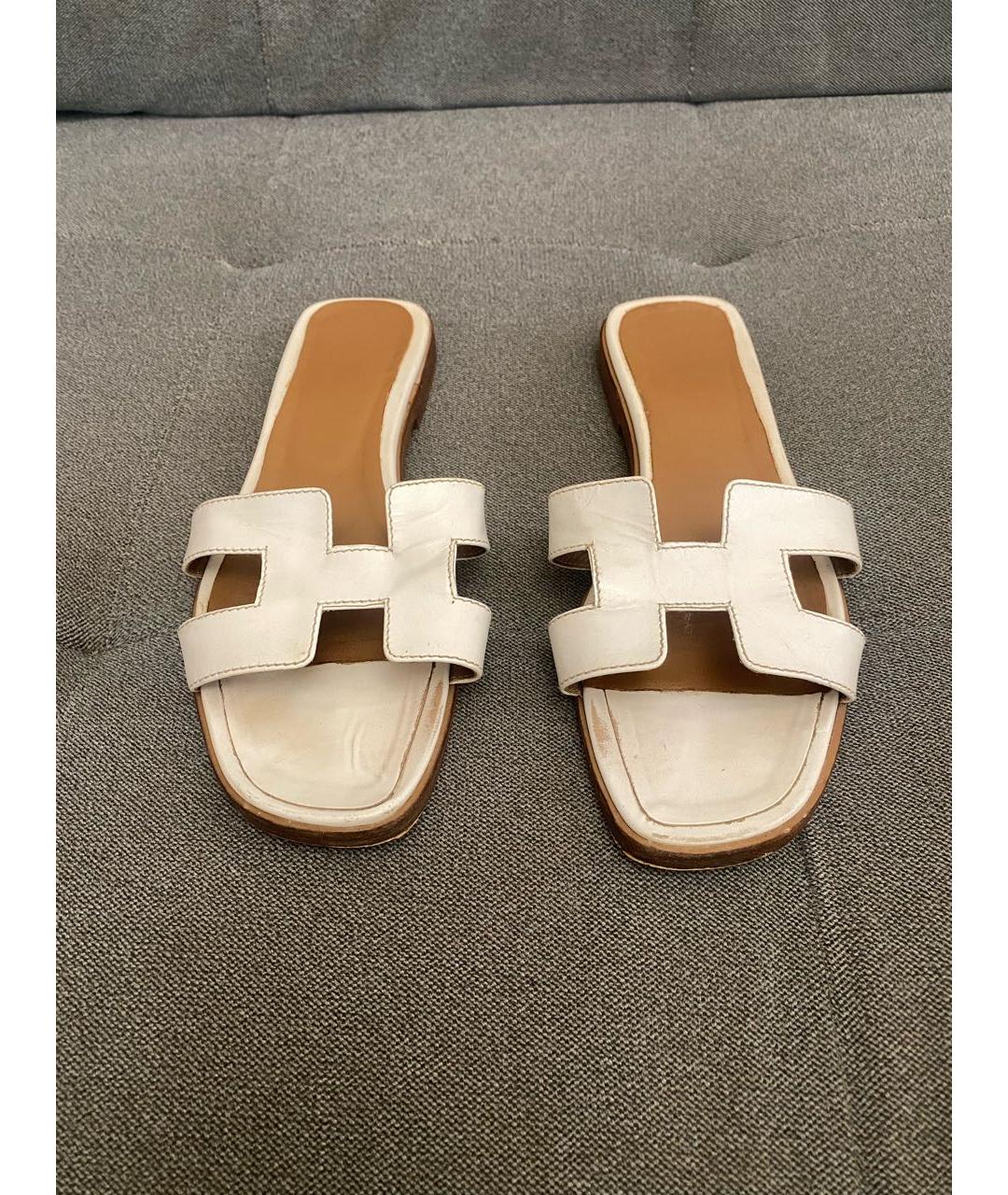 HERMES Белые кожаные шлепанцы, фото 2