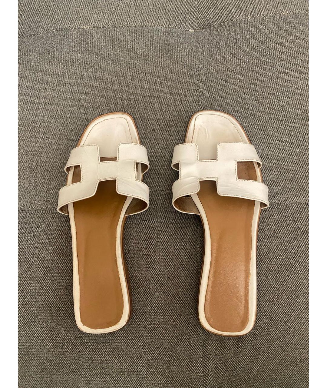 HERMES Белые кожаные шлепанцы, фото 3