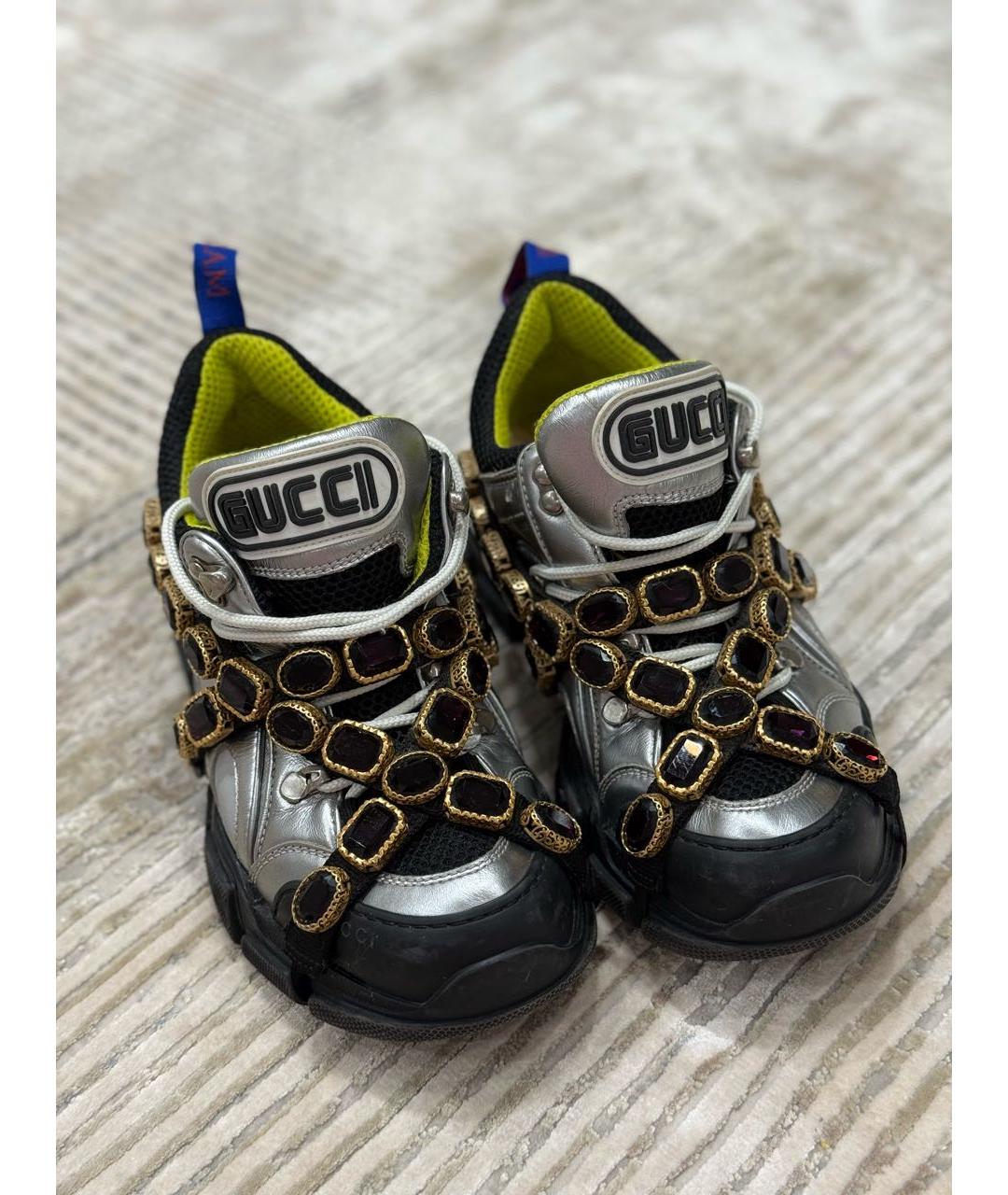 GUCCI Серебряные кожаные кроссовки, фото 2