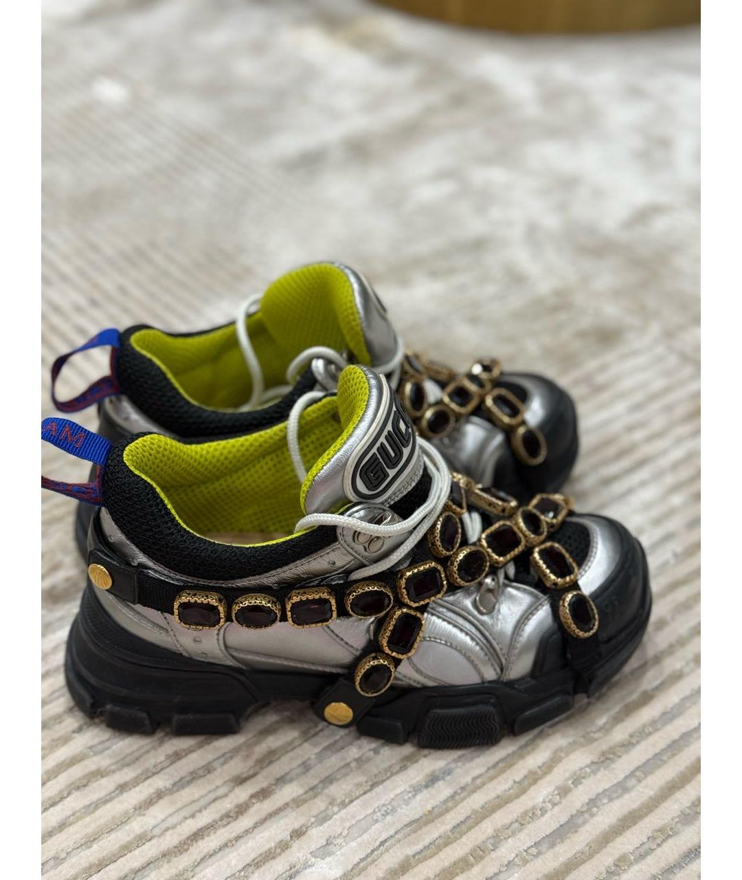 GUCCI Серебряные кожаные кроссовки, фото 3