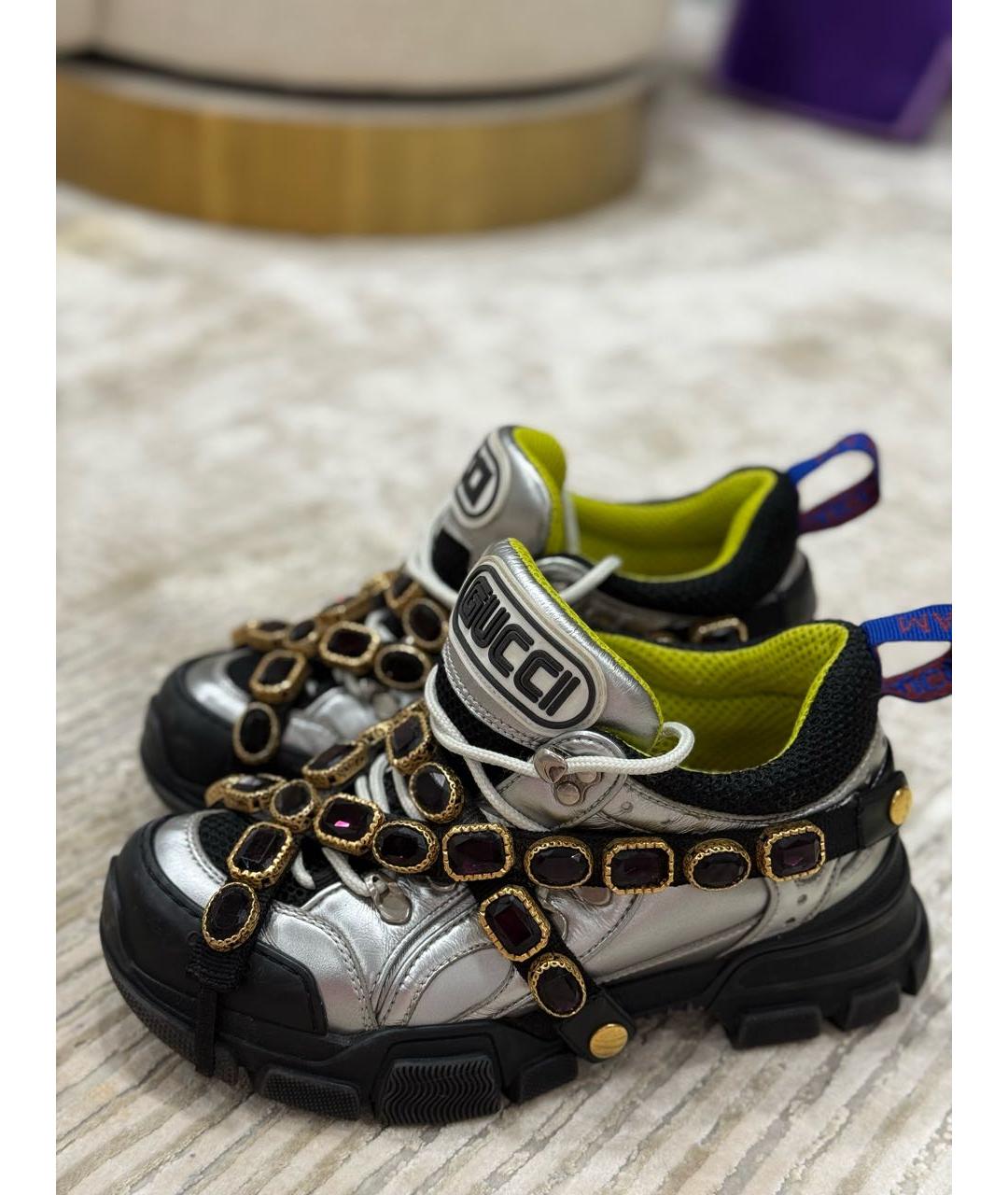 GUCCI Серебряные кожаные кроссовки, фото 5