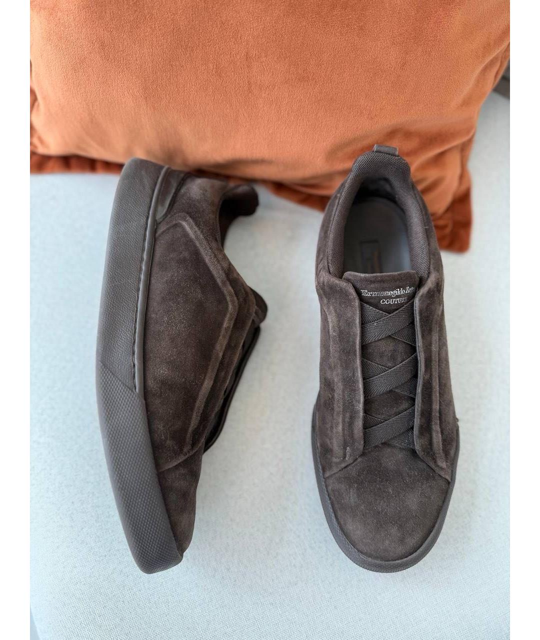 ERMENEGILDO ZEGNA XXX Коричневые кожаные низкие кроссовки / кеды, фото 9