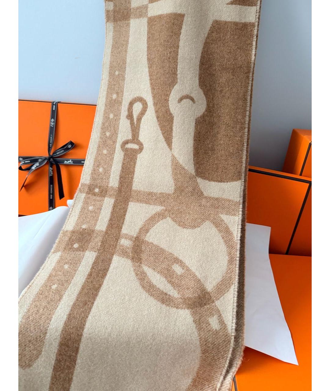 HERMES Коричневый кашемировый шарф, фото 4