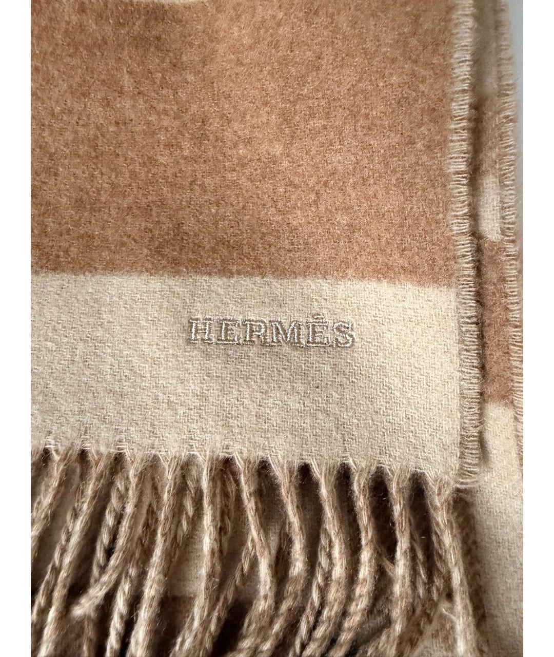 HERMES Коричневый кашемировый шарф, фото 6
