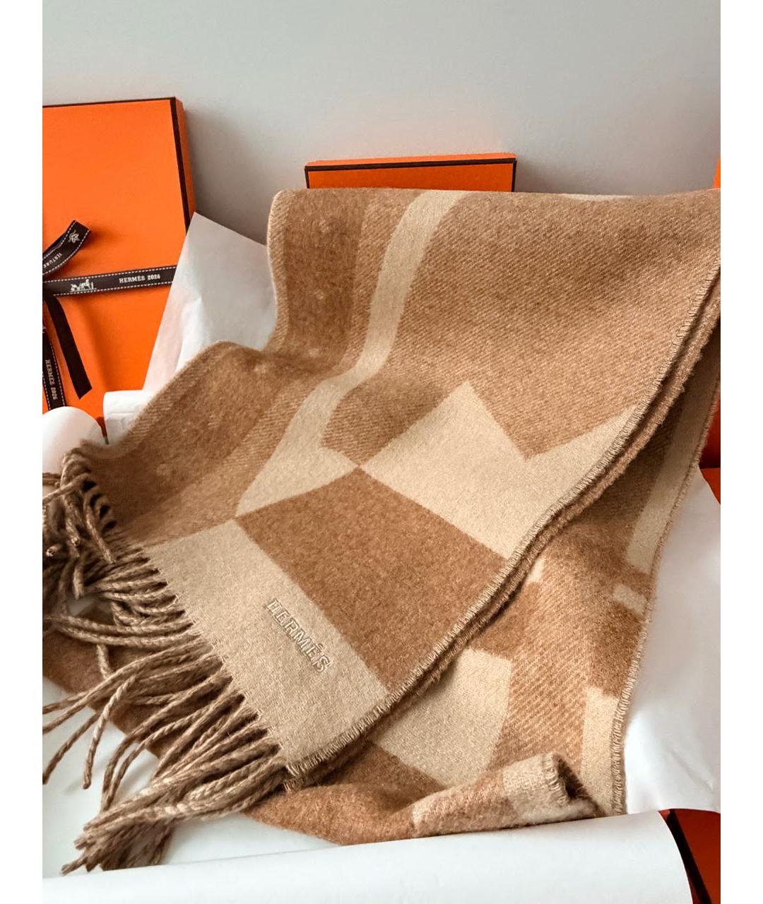 HERMES Коричневый кашемировый шарф, фото 5
