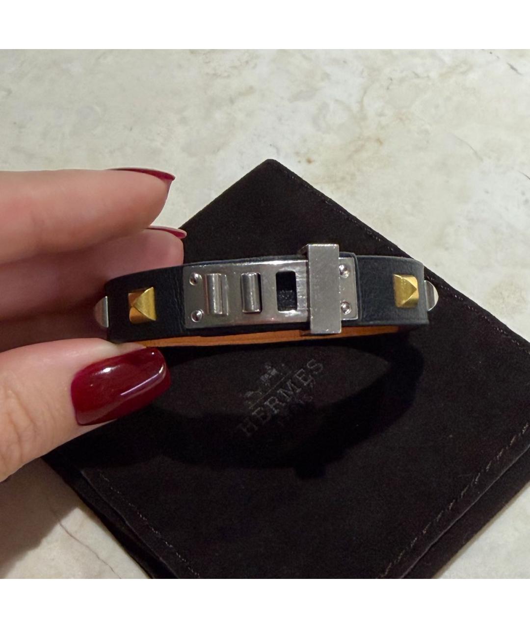 HERMES Черный кожаный браслет, фото 3