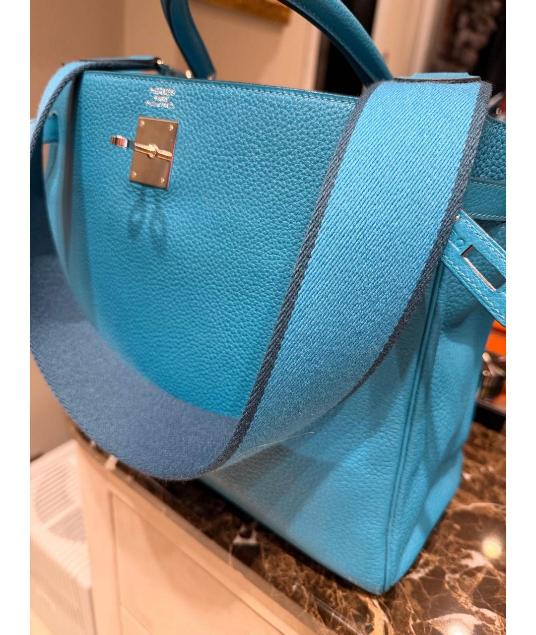 HERMES Бирюзовая кожаная сумка с короткими ручками, фото 7