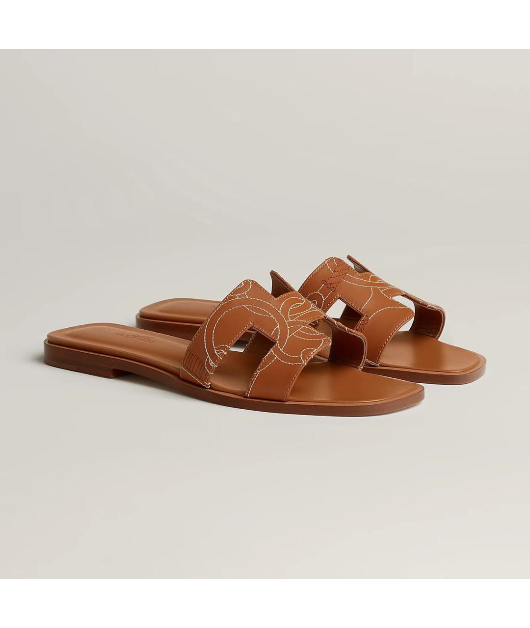HERMES Коричневые кожаные шлепанцы, фото 2