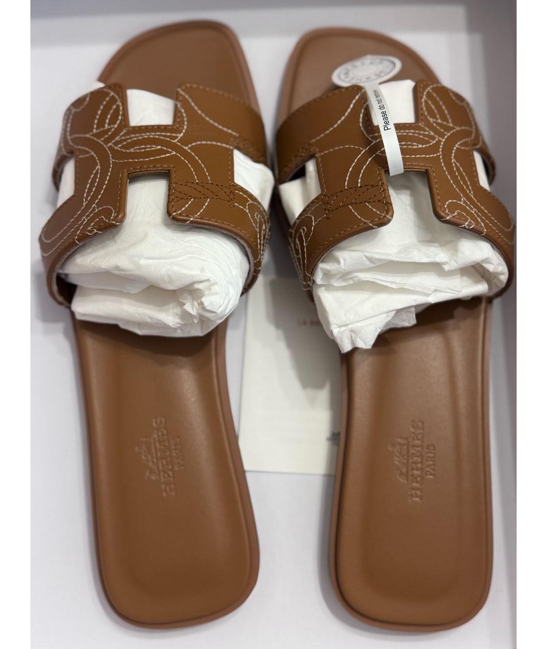 HERMES Коричневые кожаные шлепанцы, фото 6