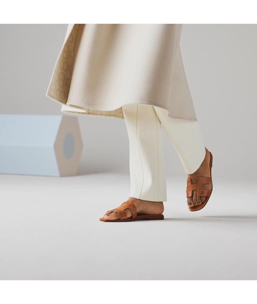 HERMES Коричневые кожаные шлепанцы, фото 5