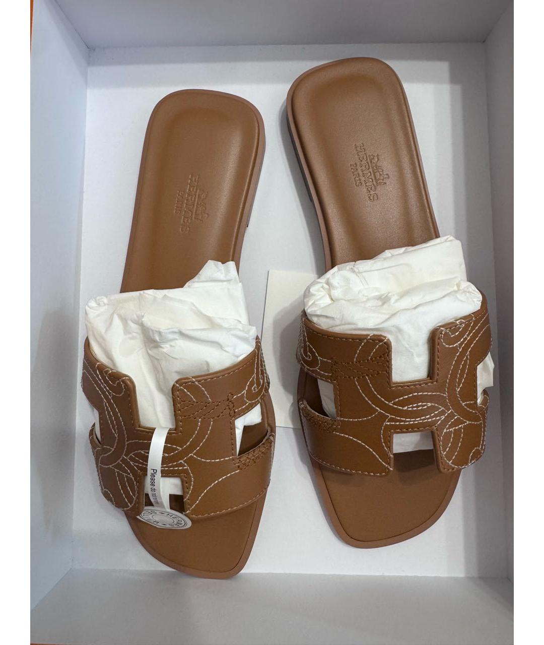 HERMES Коричневые кожаные шлепанцы, фото 7